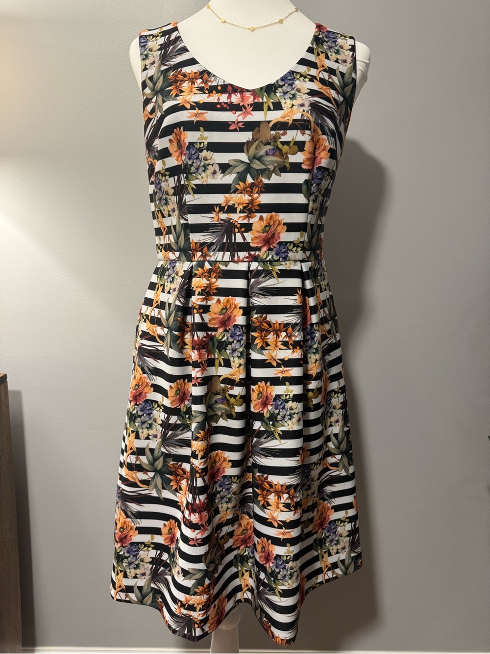 Chetta B - Black & White Striped Midi Dress with Beautiful Floral Print - Size 6